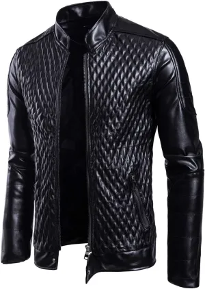 ebossy Men's Casual Stand Collar Zip Up Faux Leather Diamond Quilted Moto Jacket