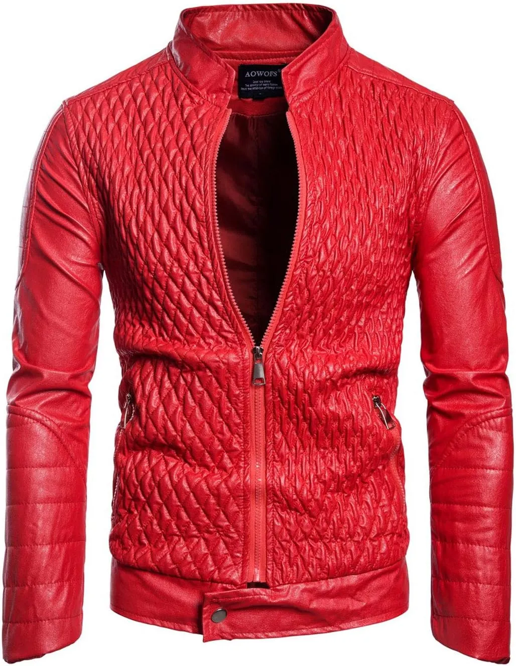 ebossy Men's Casual Stand Collar Zip Up Faux Leather Diamond Quilted Moto Jacket