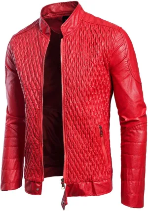 ebossy Men's Casual Stand Collar Zip Up Faux Leather Diamond Quilted Moto Jacket