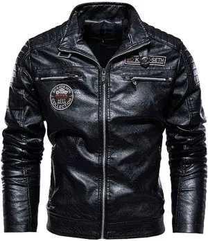 ebossy Men's Stand Collar Fleece Lined Distressed Faux Leather Moto Biker Jacket