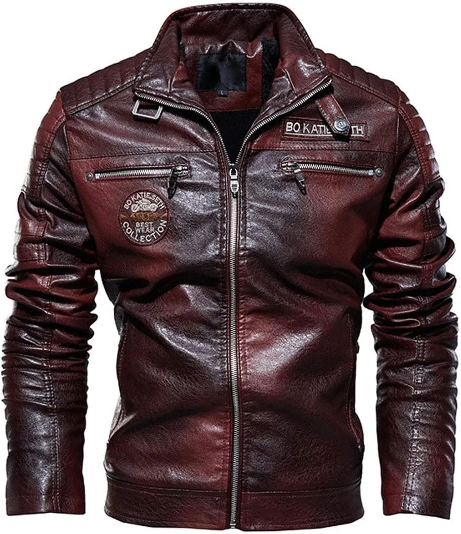 ebossy Men's Stand Collar Fleece Lined Distressed Faux Leather Moto Biker Jacket