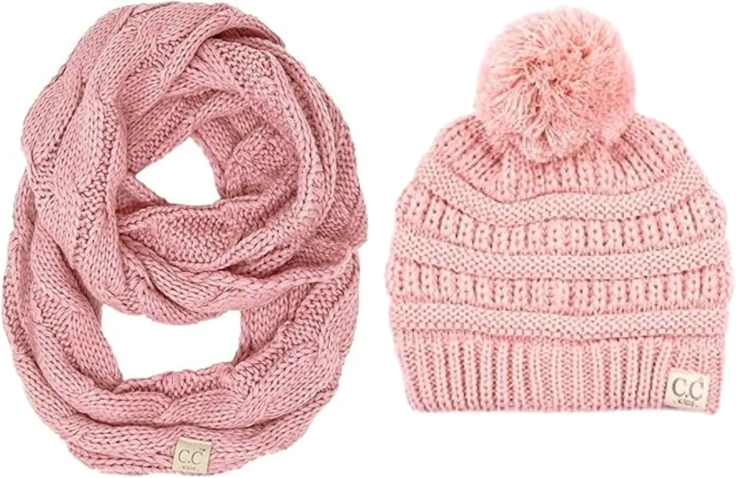 Funky Junque Matching 2 Pack Girls Winter Hat Warm Knit Slouchy Toddler Kids Pom Beanie & Infinity Scarf- Indi Pink
