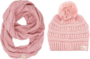 Funky Junque Matching 2 Pack Girls Winter Hat Warm Knit Slouchy Toddler Kids Pom Beanie & Infinity Scarf- Indi Pink