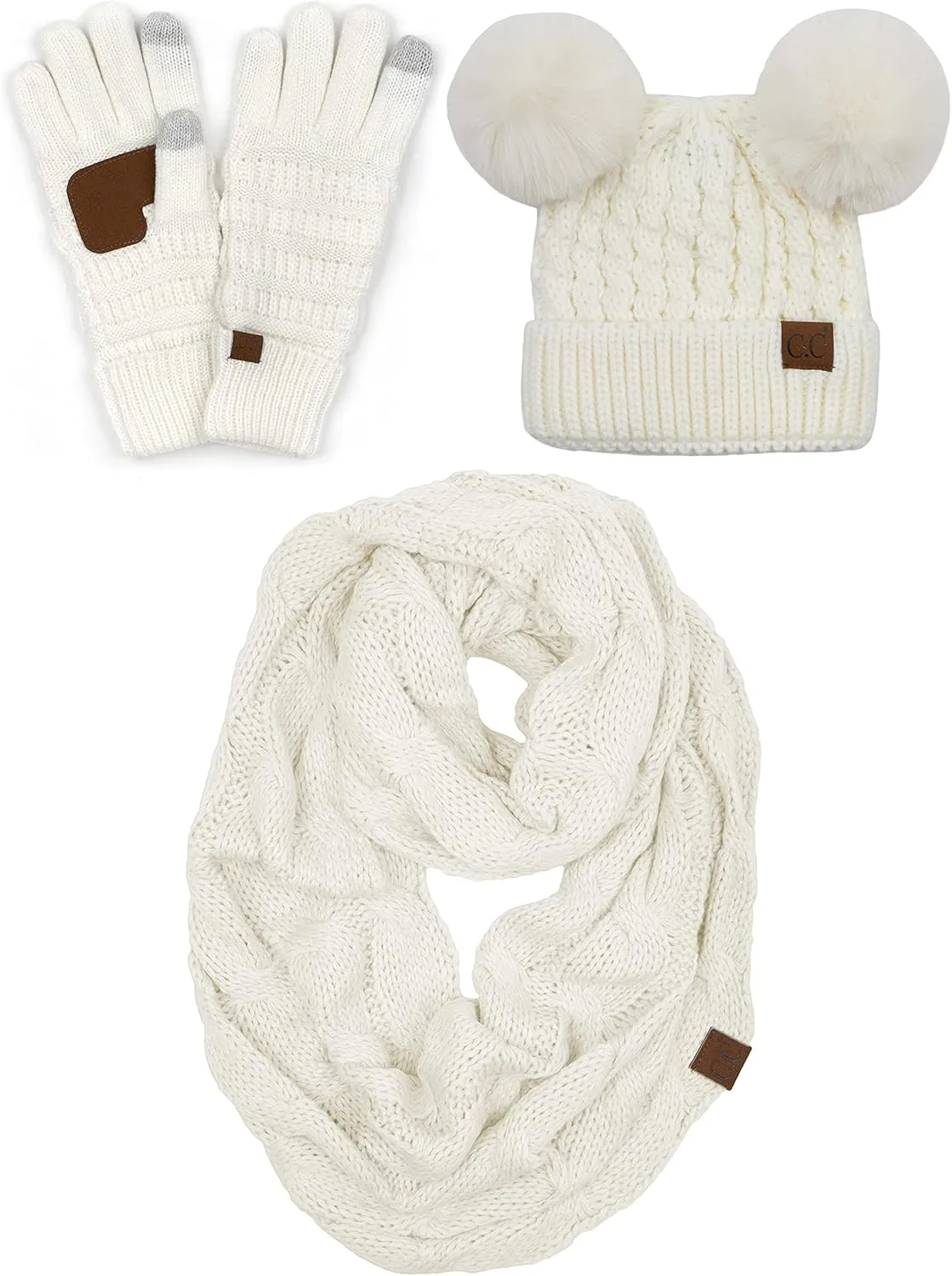Funky Junque Matching Set 3 Pack Womens Cable Knit Double Pom Pom Beanie, Gloves, and Scarf Bundle