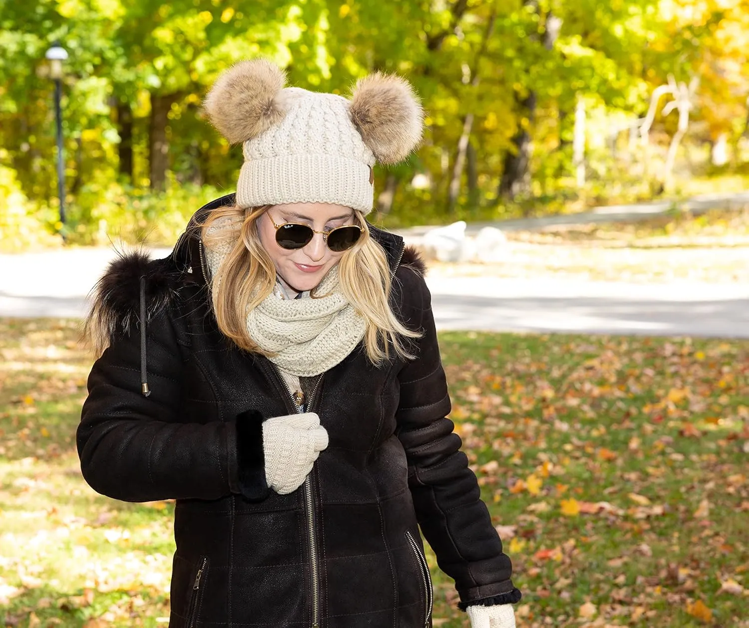 Funky Junque Matching Set 3 Pack Womens Cable Knit Double Pom Pom Beanie, Gloves, and Scarf Bundle