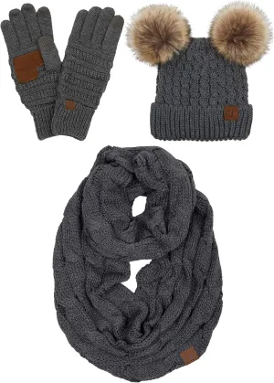 Funky Junque Matching Set 3 Pack Womens Cable Knit Double Pom Pom Beanie, Gloves, and Scarf Bundle
