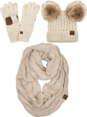 Funky Junque Matching Set 3 Pack Womens Cable Knit Double Pom Pom Beanie, Gloves, and Scarf Bundle
