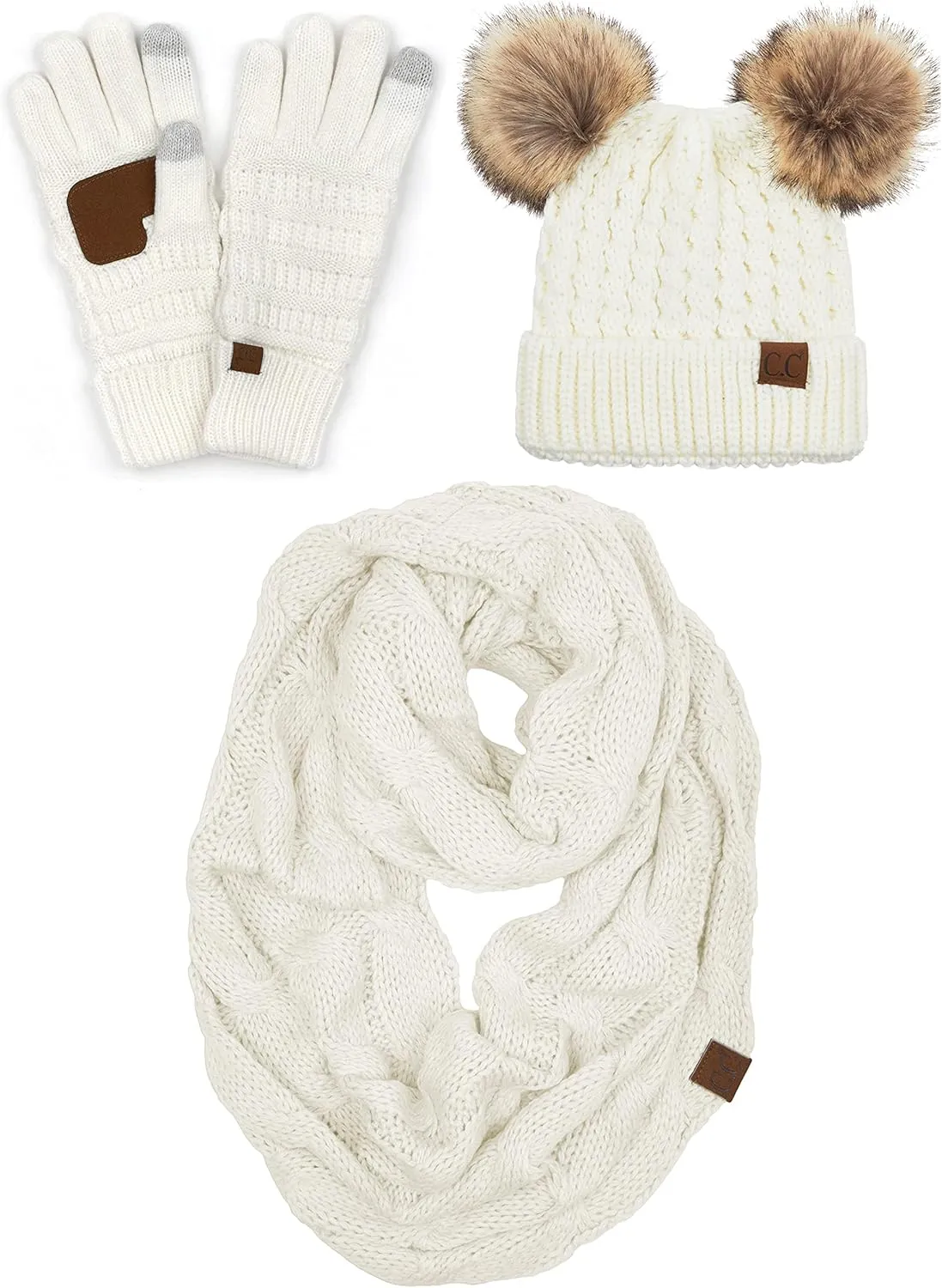 Funky Junque Matching Set 3 Pack Womens Cable Knit Double Pom Pom Beanie, Gloves, and Scarf Bundle