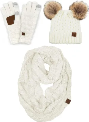 Funky Junque Matching Set 3 Pack Womens Cable Knit Double Pom Pom Beanie, Gloves, and Scarf Bundle