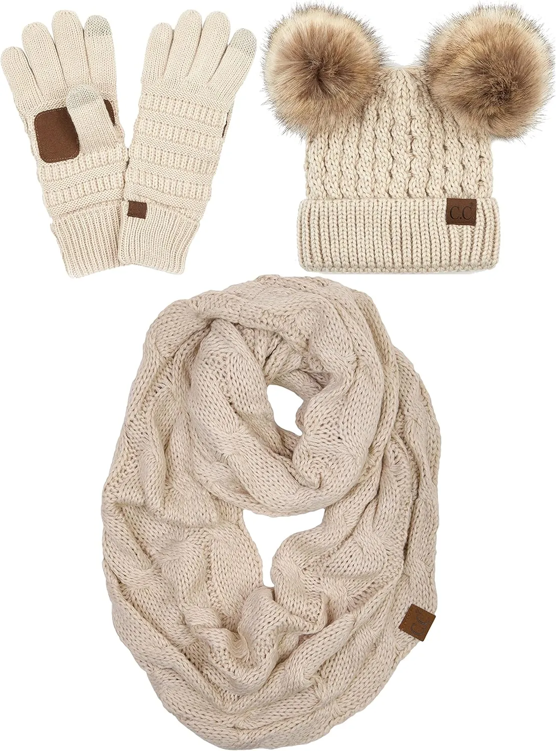 Funky Junque Matching Set 3 Pack Womens Cable Knit Double Pom Pom Beanie, Gloves, and Scarf Bundle