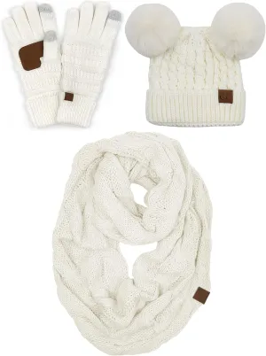 Funky Junque Matching Set 3 Pack Womens Cable Knit Double Pom Pom Beanie, Gloves, and Scarf Bundle