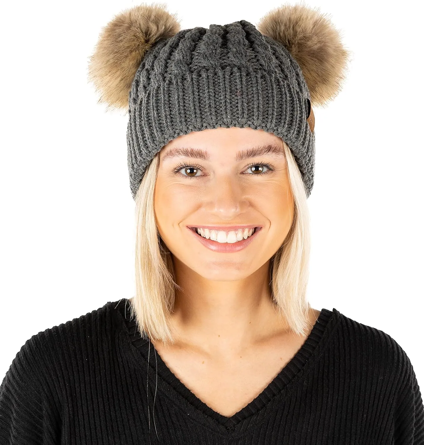 Funky Junque Matching Set 3 Pack Womens Cable Knit Double Pom Pom Beanie, Gloves, and Scarf Bundle