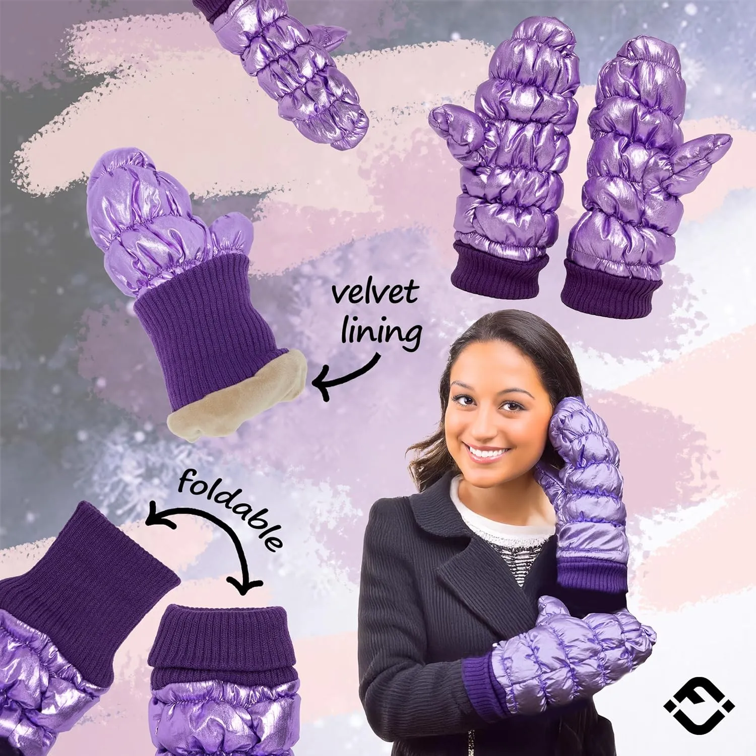 Funky Junque Women's Fleece Lined Puffer Mittens Gloves, Cold Weather Accessory for Ice Skating, Shiny Metallic Knit Cuff