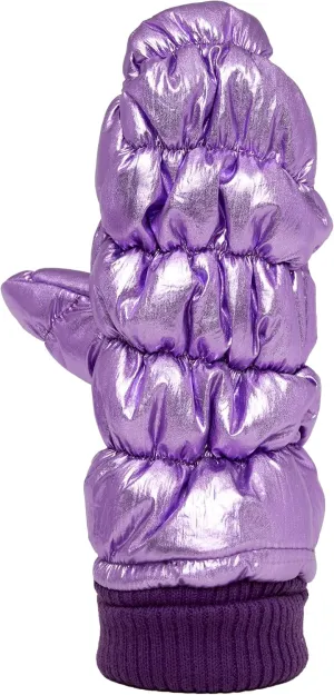 Funky Junque Women's Fleece Lined Puffer Mittens Gloves, Cold Weather Accessory for Ice Skating, Shiny Metallic Knit Cuff