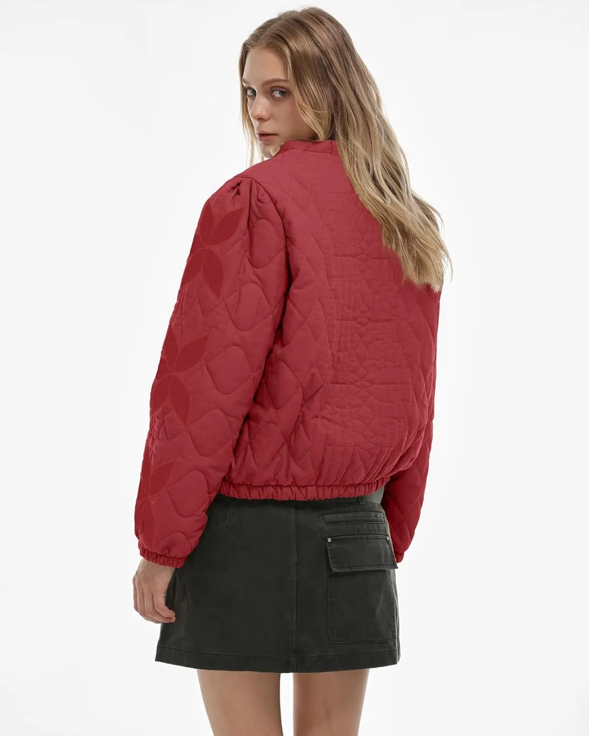 Gacaky Women's Lightweight Floral Embroidered Cropped Quilted Jacket Winter Warm Button Down Puffer Jacket Coat with Pockets