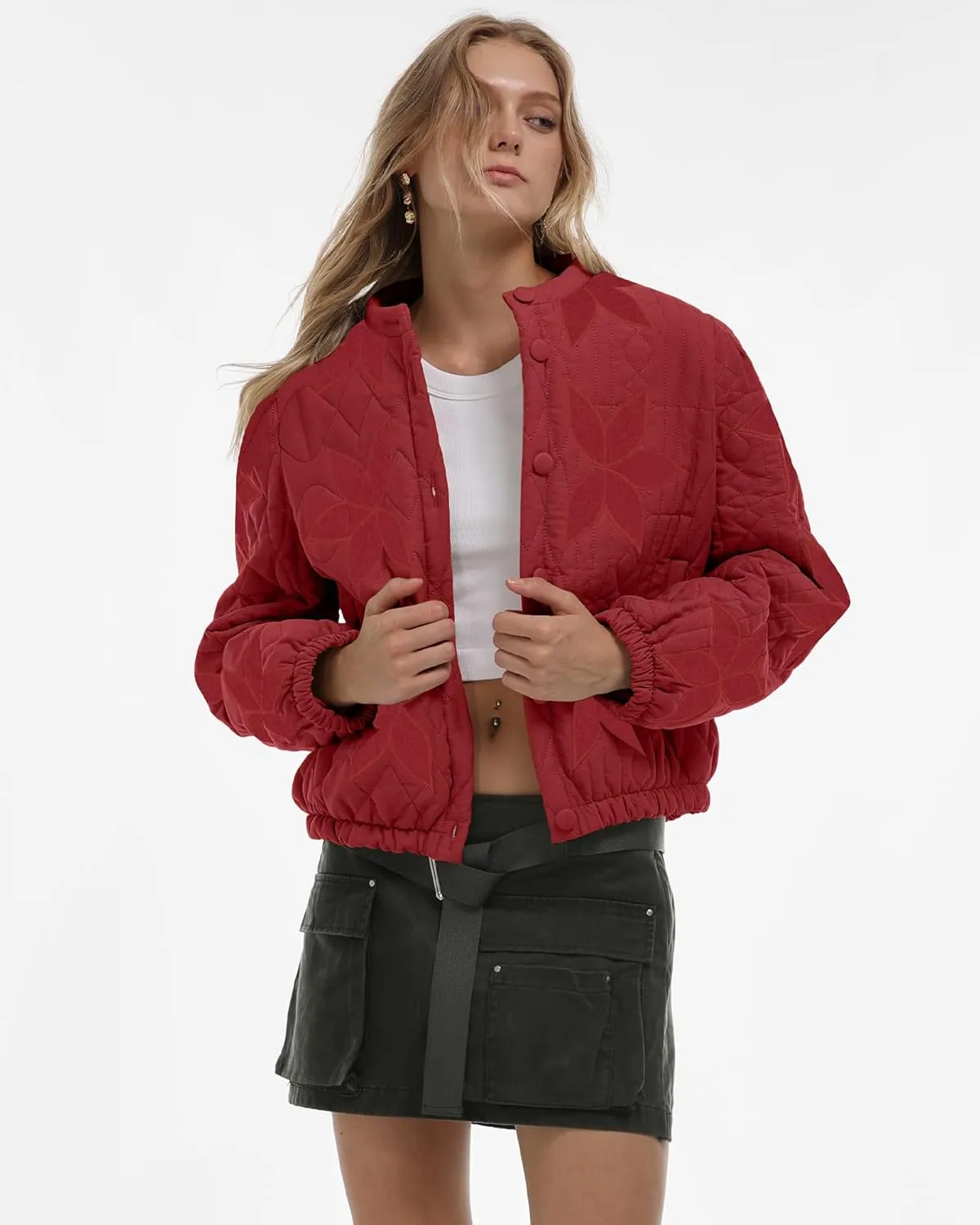 Gacaky Women's Lightweight Floral Embroidered Cropped Quilted Jacket Winter Warm Button Down Puffer Jacket Coat with Pockets