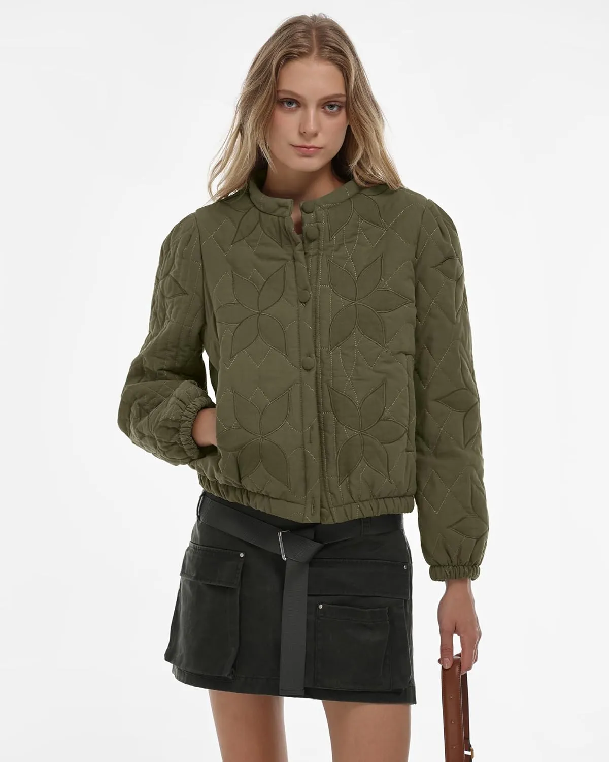 Gacaky Women's Lightweight Floral Embroidered Cropped Quilted Jacket Winter Warm Button Down Puffer Jacket Coat with Pockets