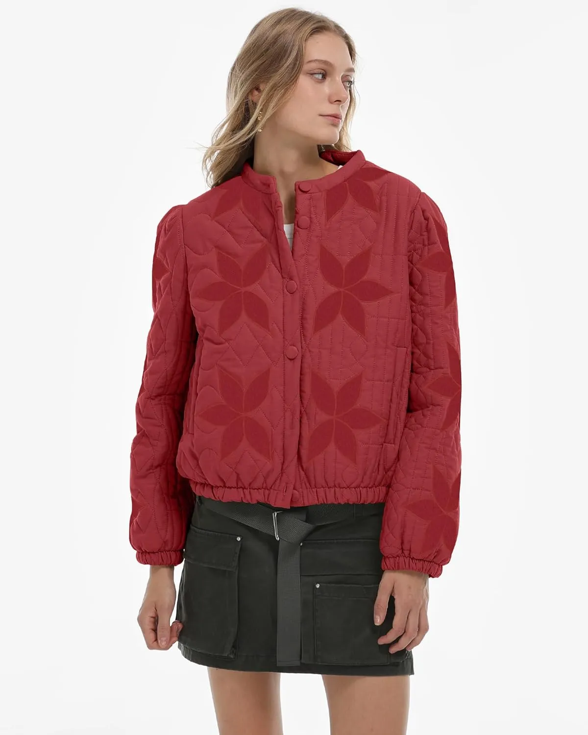 Gacaky Women's Lightweight Floral Embroidered Cropped Quilted Jacket Winter Warm Button Down Puffer Jacket Coat with Pockets