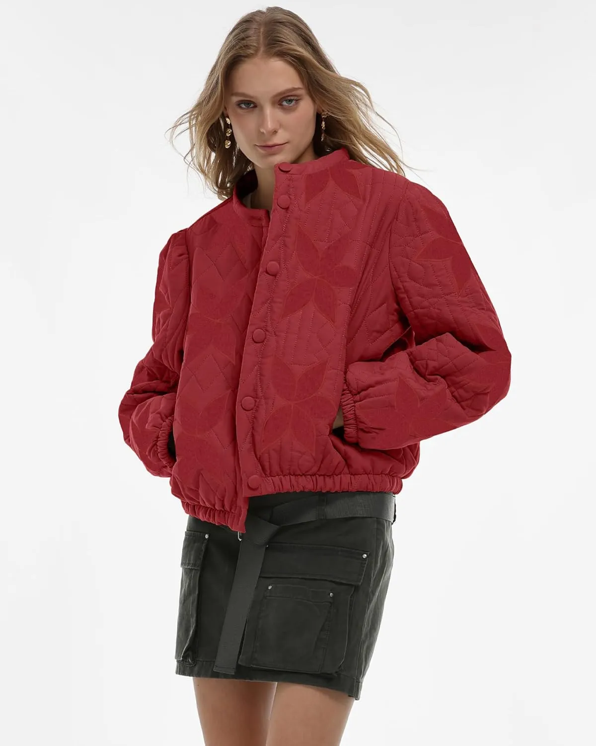 Gacaky Women's Lightweight Floral Embroidered Cropped Quilted Jacket Winter Warm Button Down Puffer Jacket Coat with Pockets