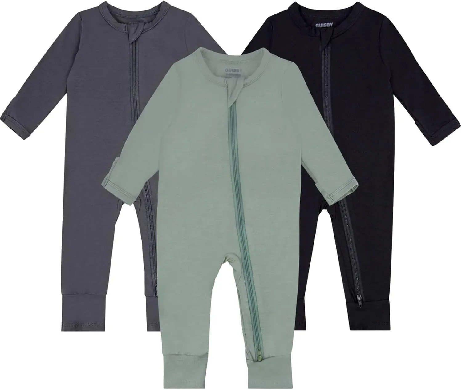 GUISBY Baby Pajamas with Mitten Cuffs - 3Pcs Girls Boys 2 Way Zipper Long Sleeve Rayon Sleepers
