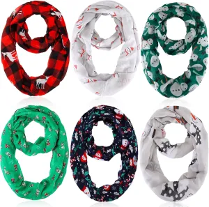 Handepo 6 Pcs Christmas Infinity Scarf Lightweight Holiday Loop Sheer Scarves Sheer Infinity Women's Scarves(Cute Style)