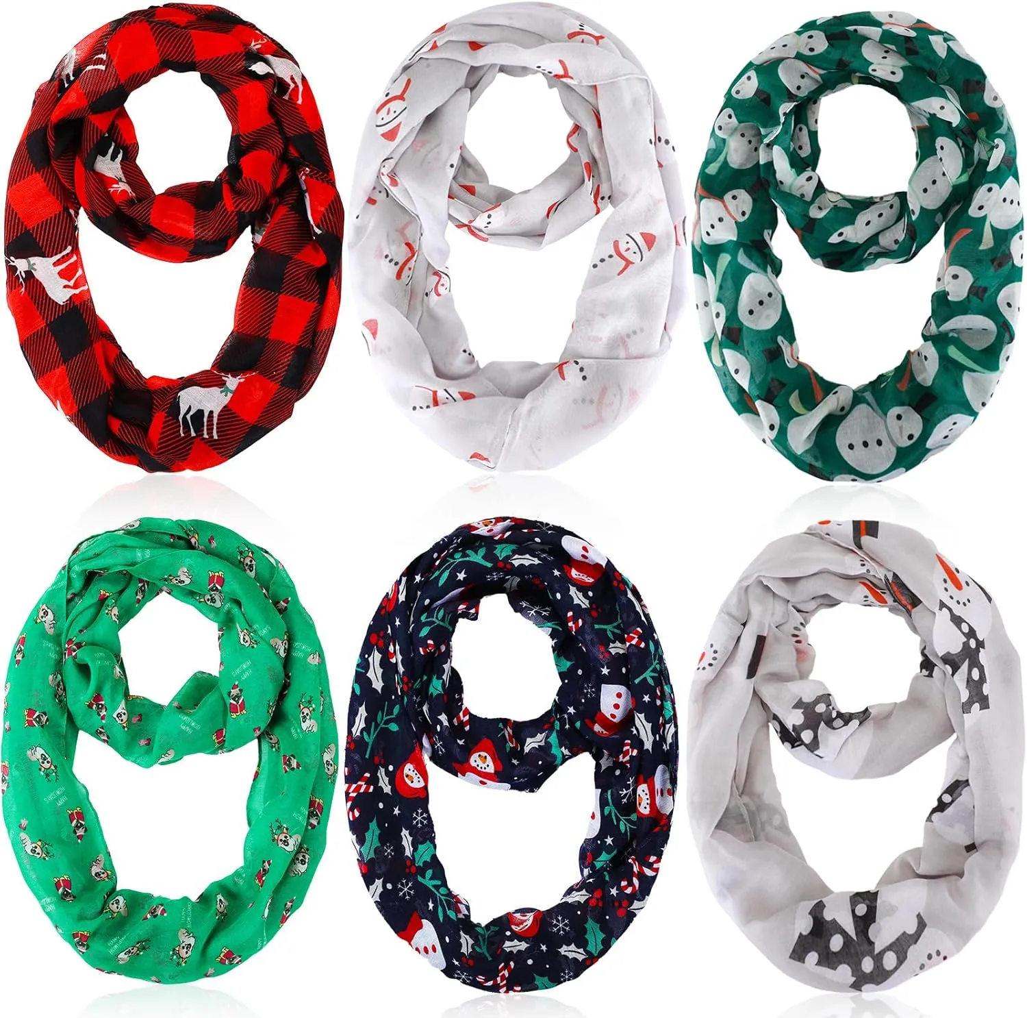 Handepo 6 Pcs Christmas Infinity Scarf Lightweight Holiday Loop Sheer Scarves Sheer Infinity Women's Scarves(Cute Style)