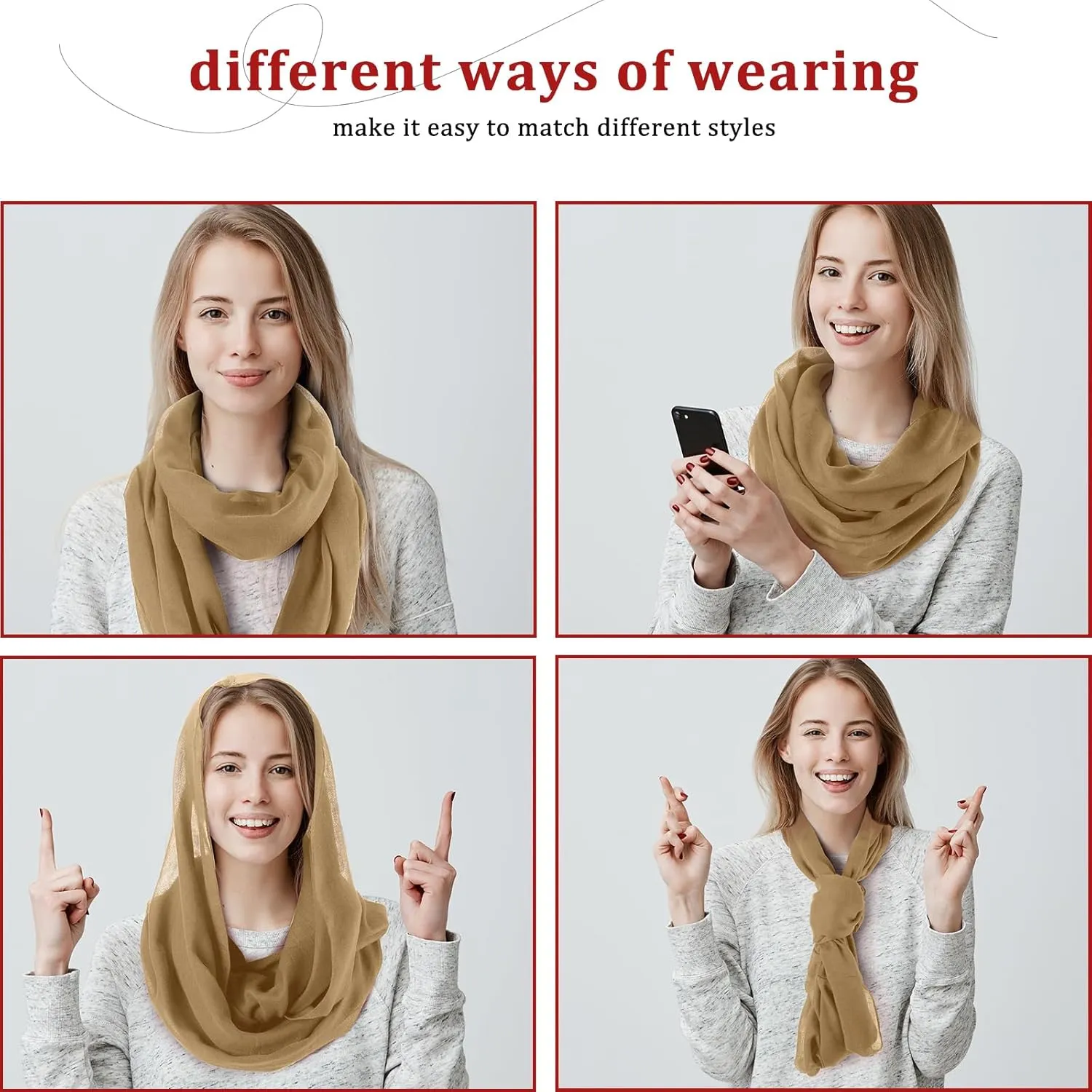 Handepo 6 Pcs Women Infinity Scarf Solid Color Lightweight Loop Scarf Winter Soft Neck Warmer for Women Men