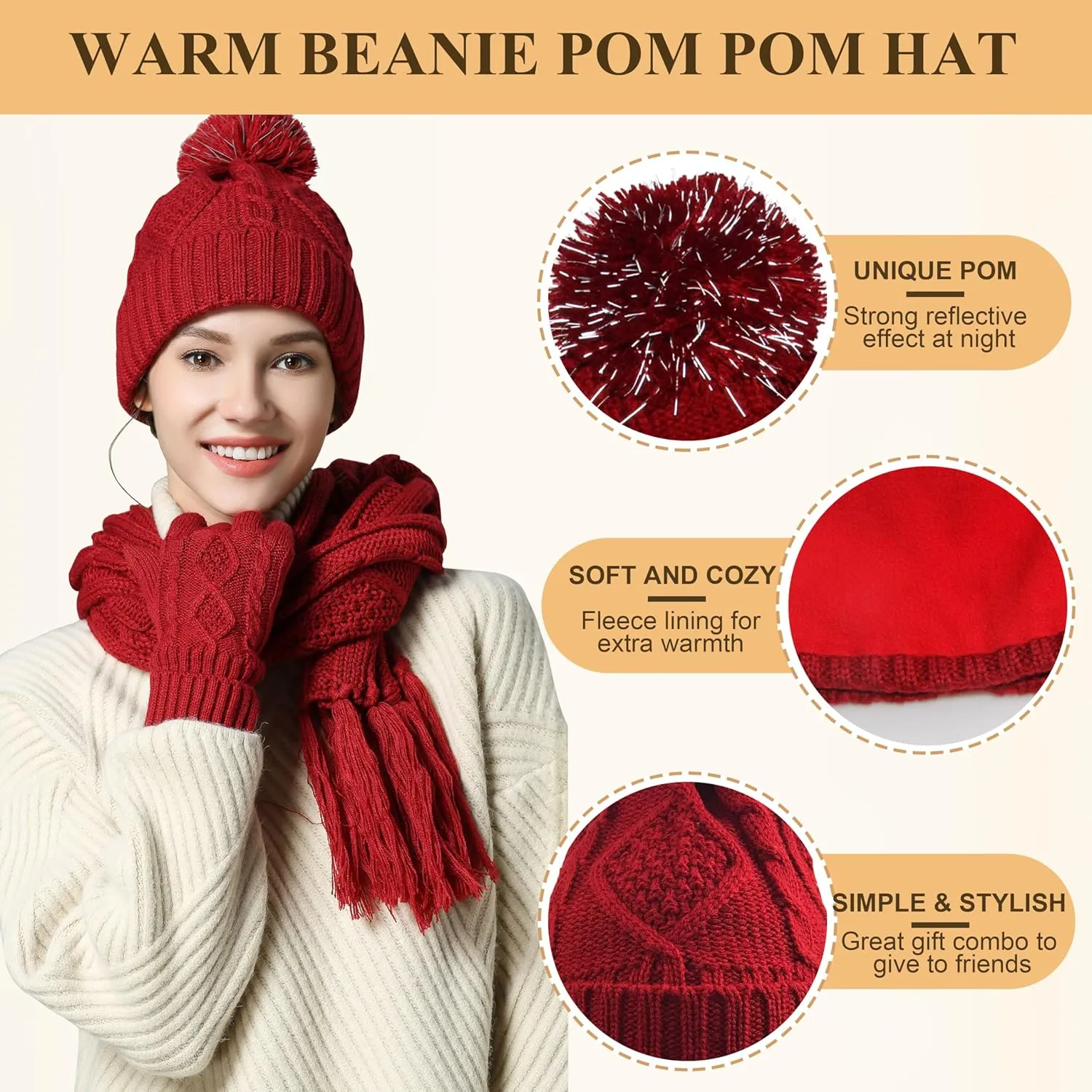 Hat Gloves Scarf Set for Women, Winter Beanie Warm Knit Pom Hat Touch Screen Glove Long Scarf 3pcs Winter Gift Set for Women