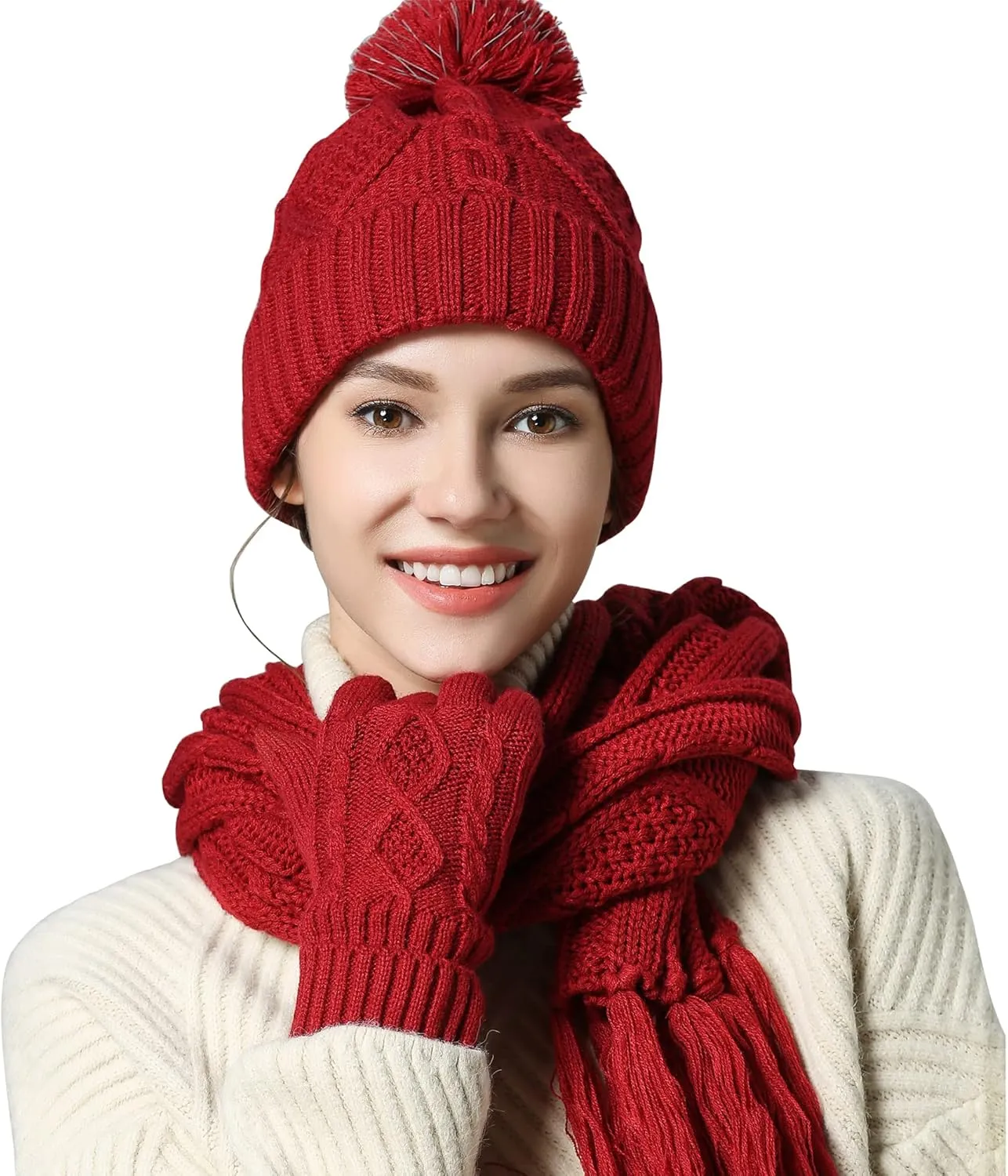 Hat Gloves Scarf Set for Women, Winter Beanie Warm Knit Pom Hat Touch Screen Glove Long Scarf 3pcs Winter Gift Set for Women