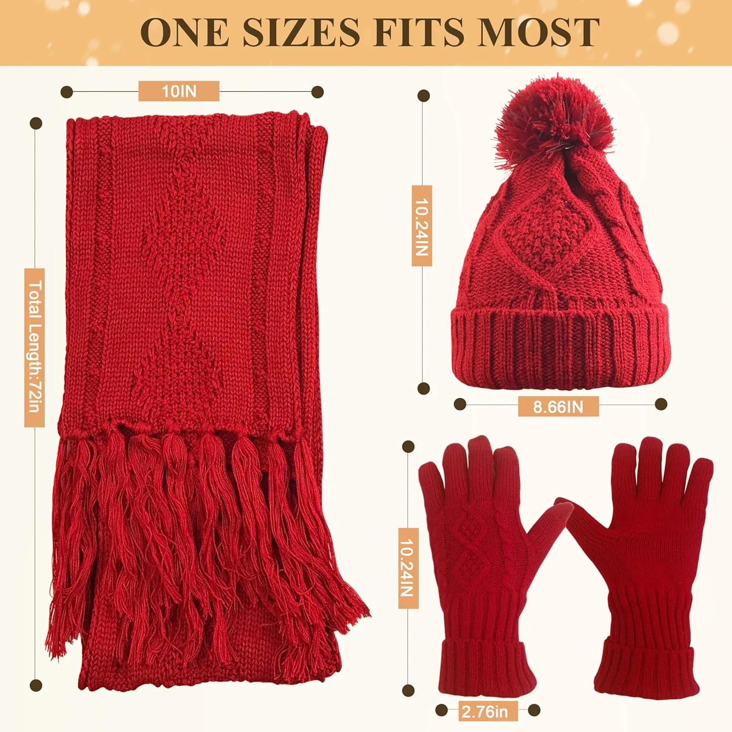 Hat Gloves Scarf Set for Women, Winter Beanie Warm Knit Pom Hat Touch Screen Glove Long Scarf 3pcs Winter Gift Set for Women