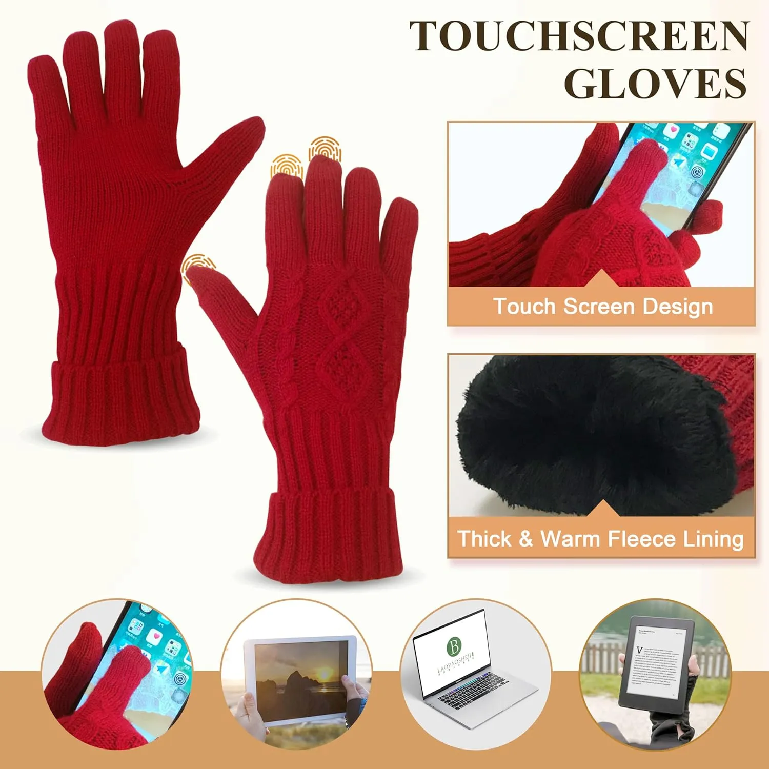 Hat Gloves Scarf Set for Women, Winter Beanie Warm Knit Pom Hat Touch Screen Glove Long Scarf 3pcs Winter Gift Set for Women
