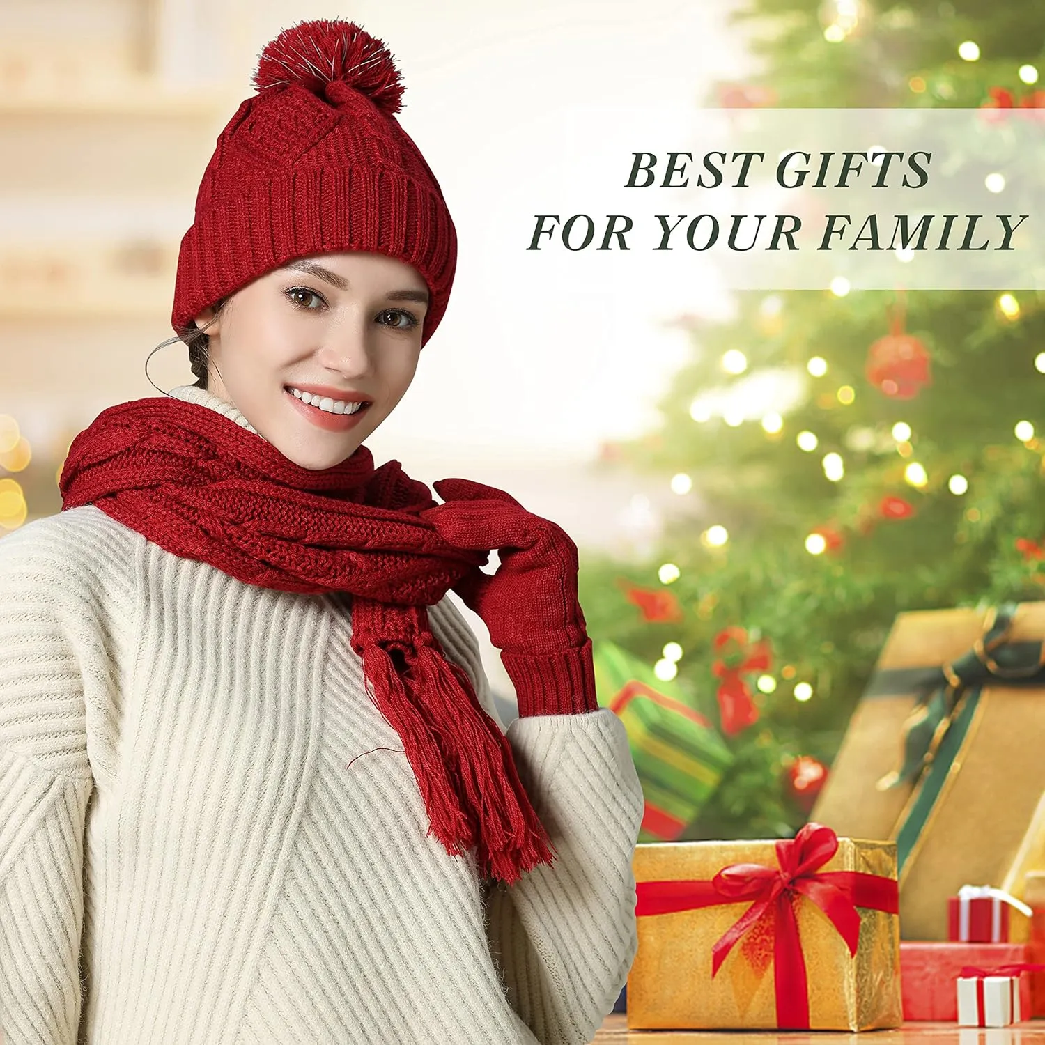 Hat Gloves Scarf Set for Women, Winter Beanie Warm Knit Pom Hat Touch Screen Glove Long Scarf 3pcs Winter Gift Set for Women