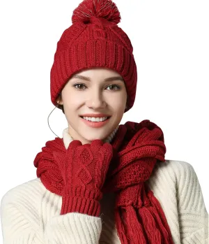 Hat Gloves Scarf Set for Women, Winter Beanie Warm Knit Pom Hat Touch Screen Glove Long Scarf 3pcs Winter Gift Set for Women