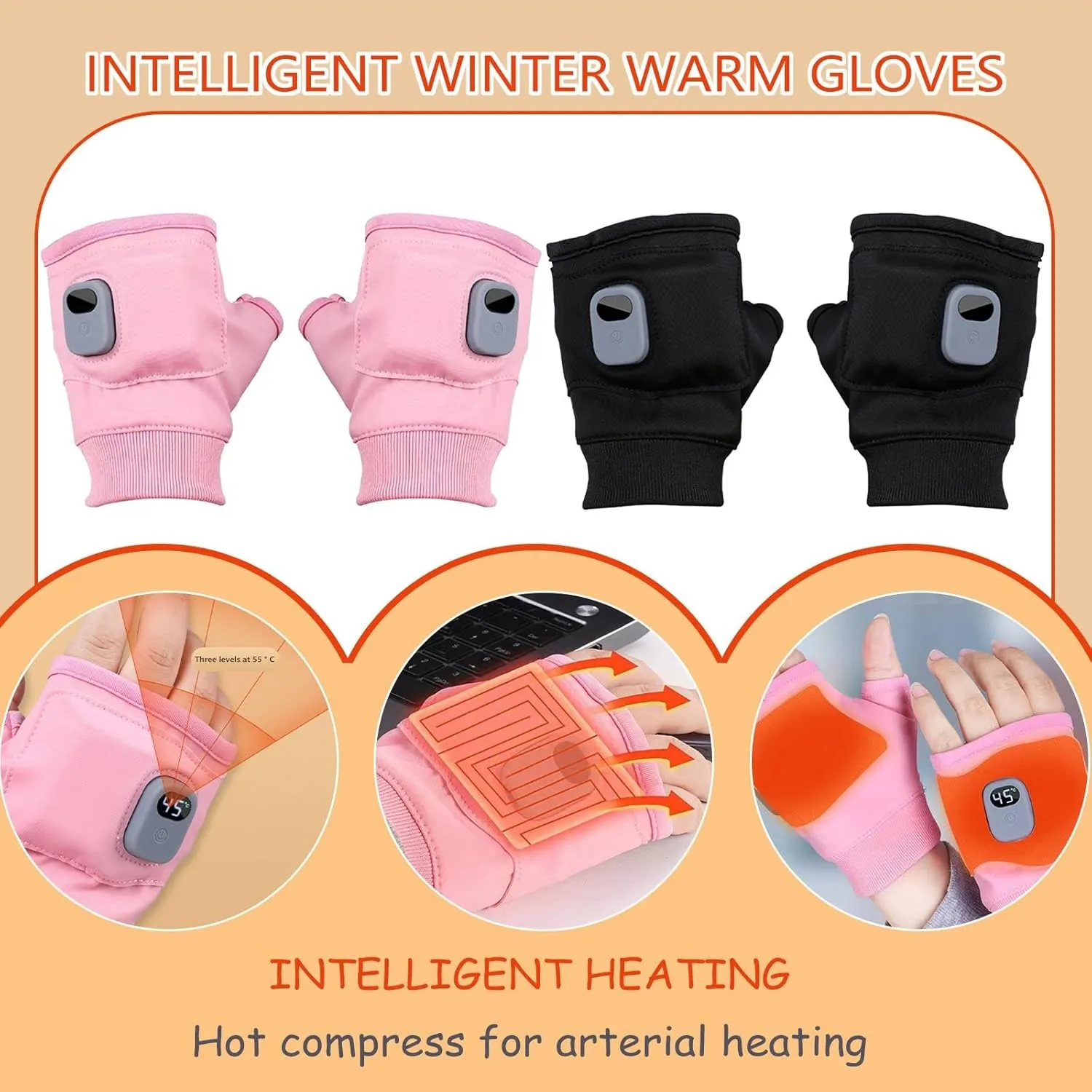 Heated Fingerless Gloves for Men Women, Heated Gloves for Women Rechargeable, Hand Warmers Thermal Gloves with 3 Heat Settings, Sutible for Work Cycling Skiing Outdoor