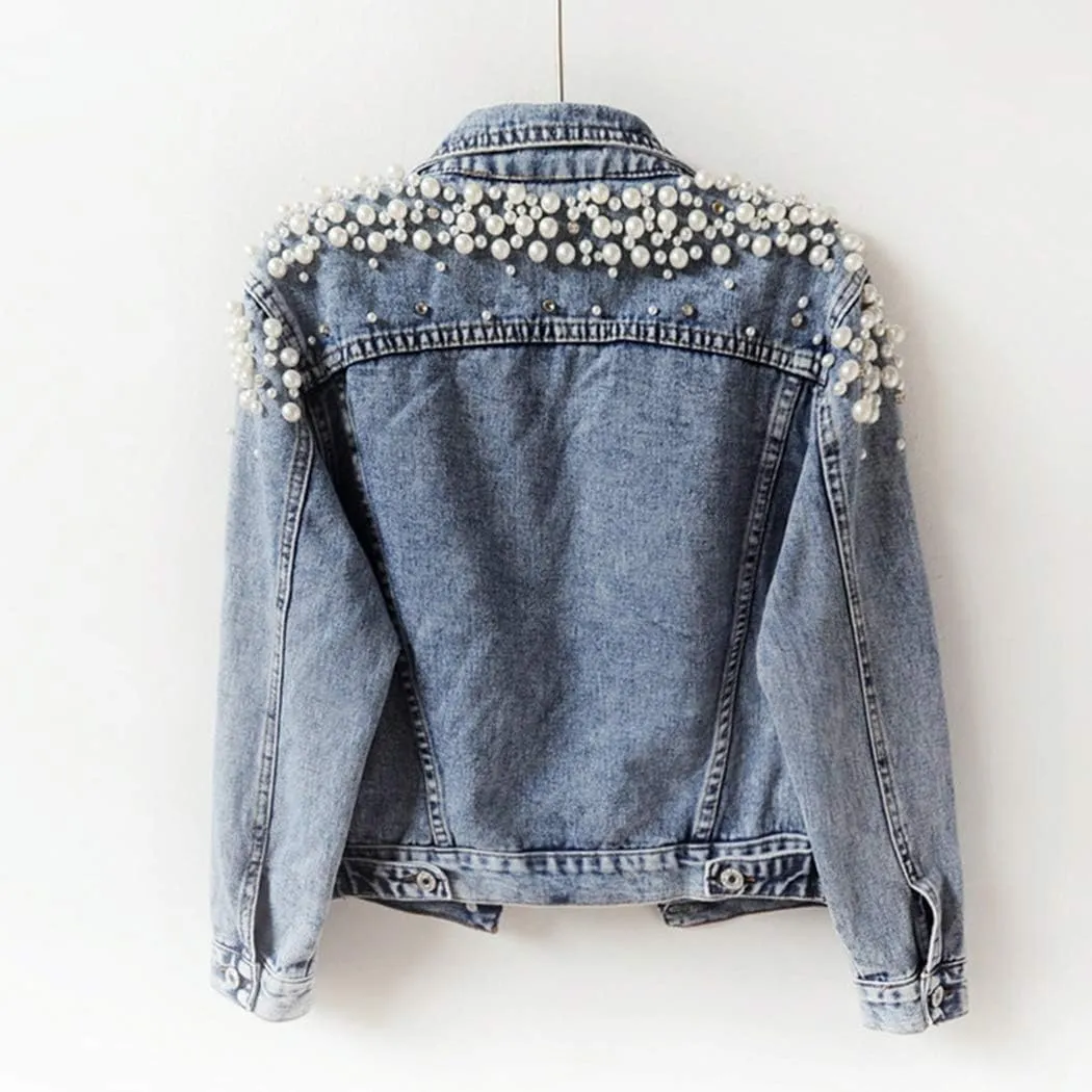 Hixiaohe Women Loose Embroidered Pearls Beading Cropped Denim Jacket Jean Coat