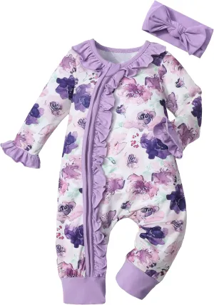 Infant Newborn Baby Girl Clothes Onesies for Baby Girl Long Sleeve Ruffle Baby Clothes with Headband