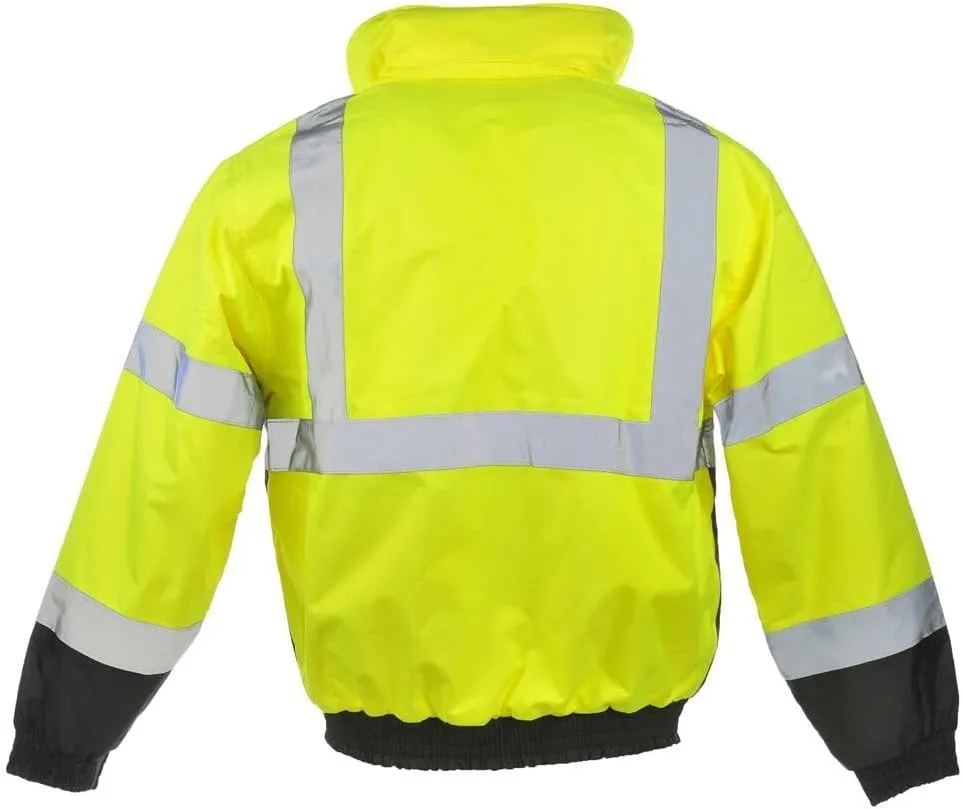 J. J. Keller & Associates, Inc. High Visibility Bomber Jacket, ANSI Class 3, Full-Zip, Vertical Reflective Tape, SAFEGEAR