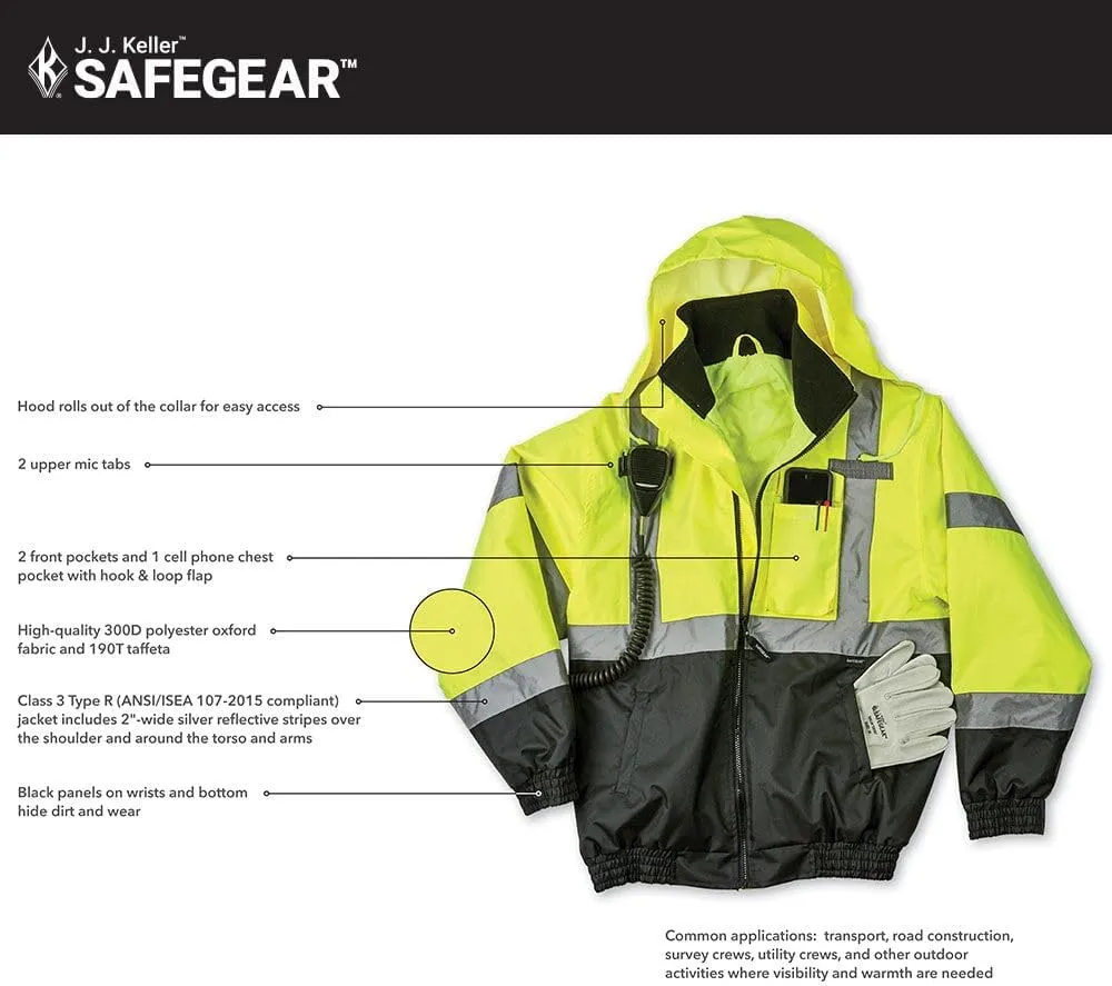 J. J. Keller & Associates, Inc. High Visibility Bomber Jacket, ANSI Class 3, Full-Zip, Vertical Reflective Tape, SAFEGEAR