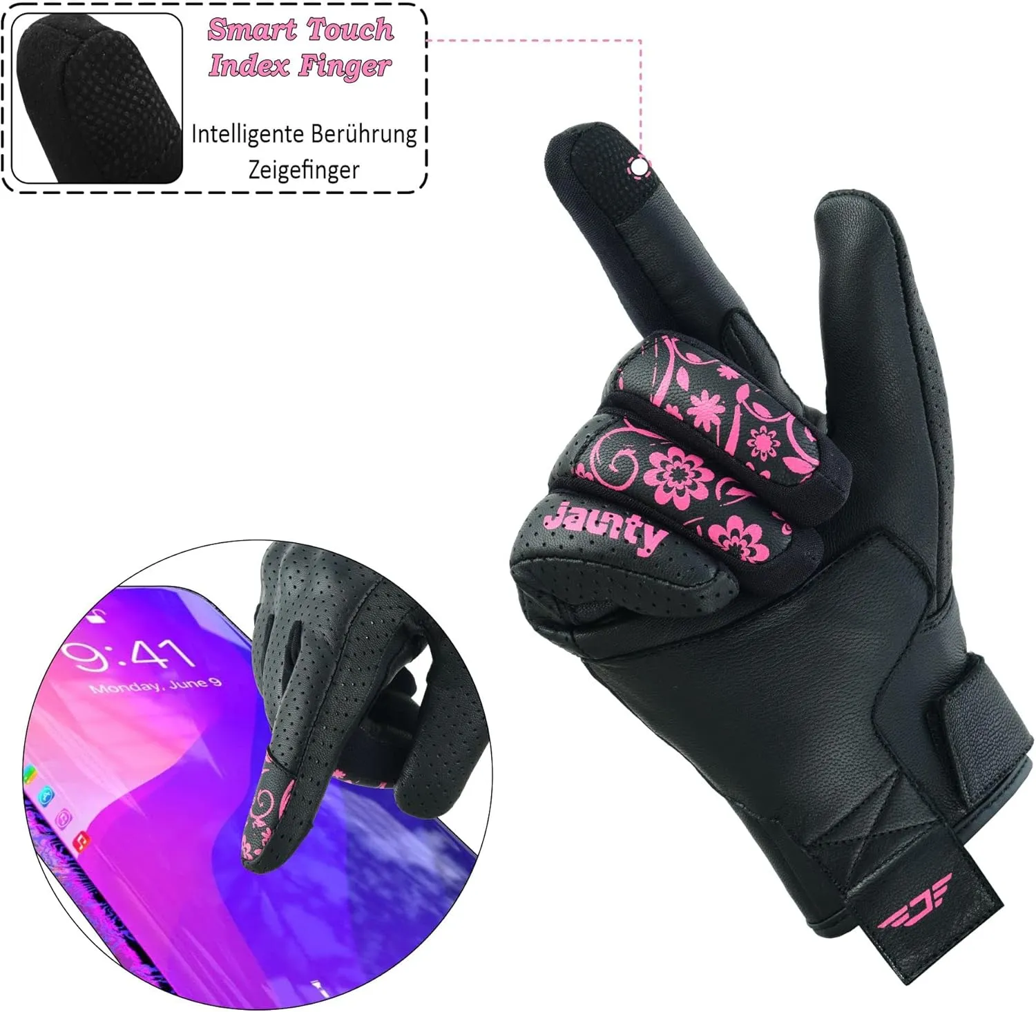 JAUNTY Motorcycle Gloves for Women Leather Riding Touchscreen Gloves for Ladies with Hard Knuckle Perforated Breathable Biker, ATV BMX, Combat Motocross, Riding Racing (Pink, Medium)