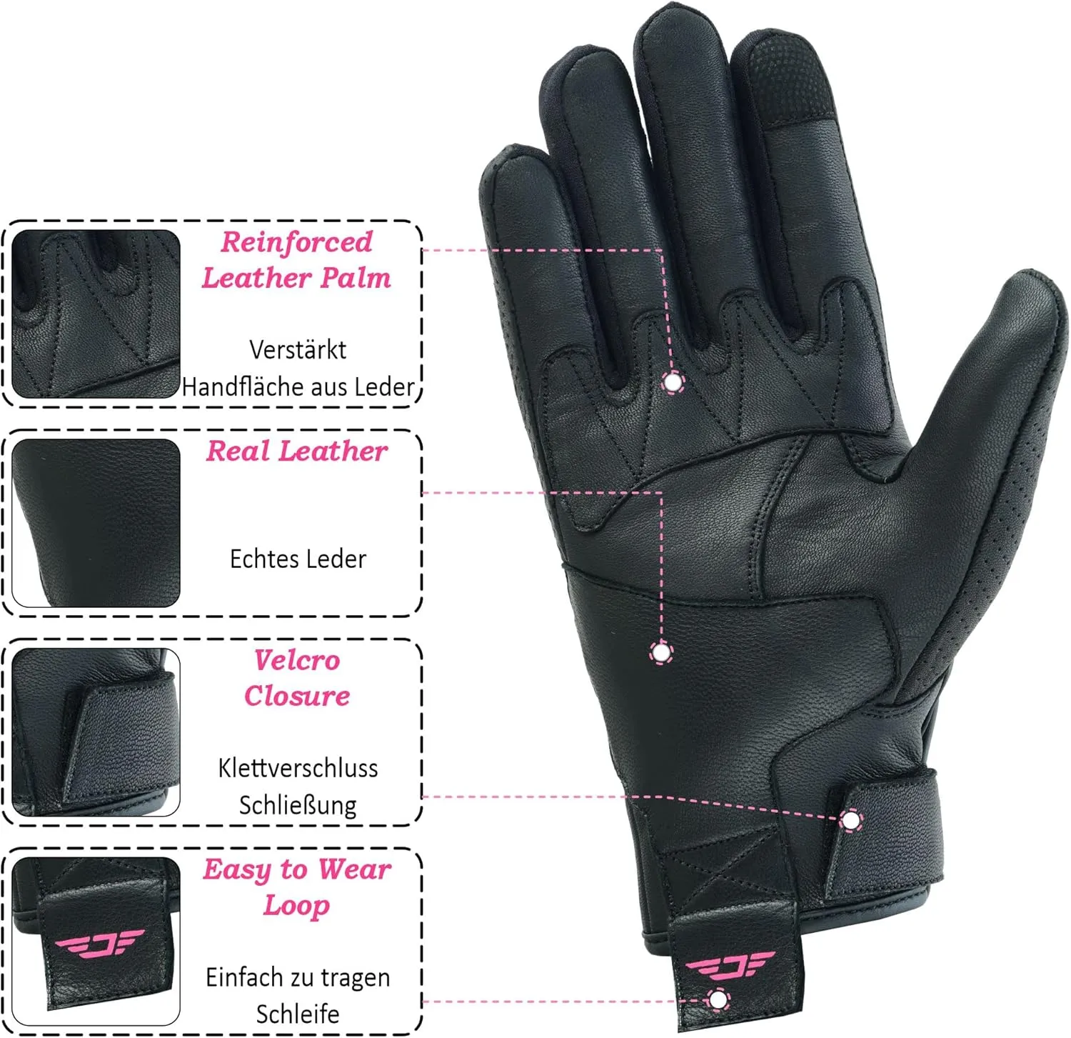 JAUNTY Motorcycle Gloves for Women Leather Riding Touchscreen Gloves for Ladies with Hard Knuckle Perforated Breathable Biker, ATV BMX, Combat Motocross, Riding Racing (Pink, Medium)
