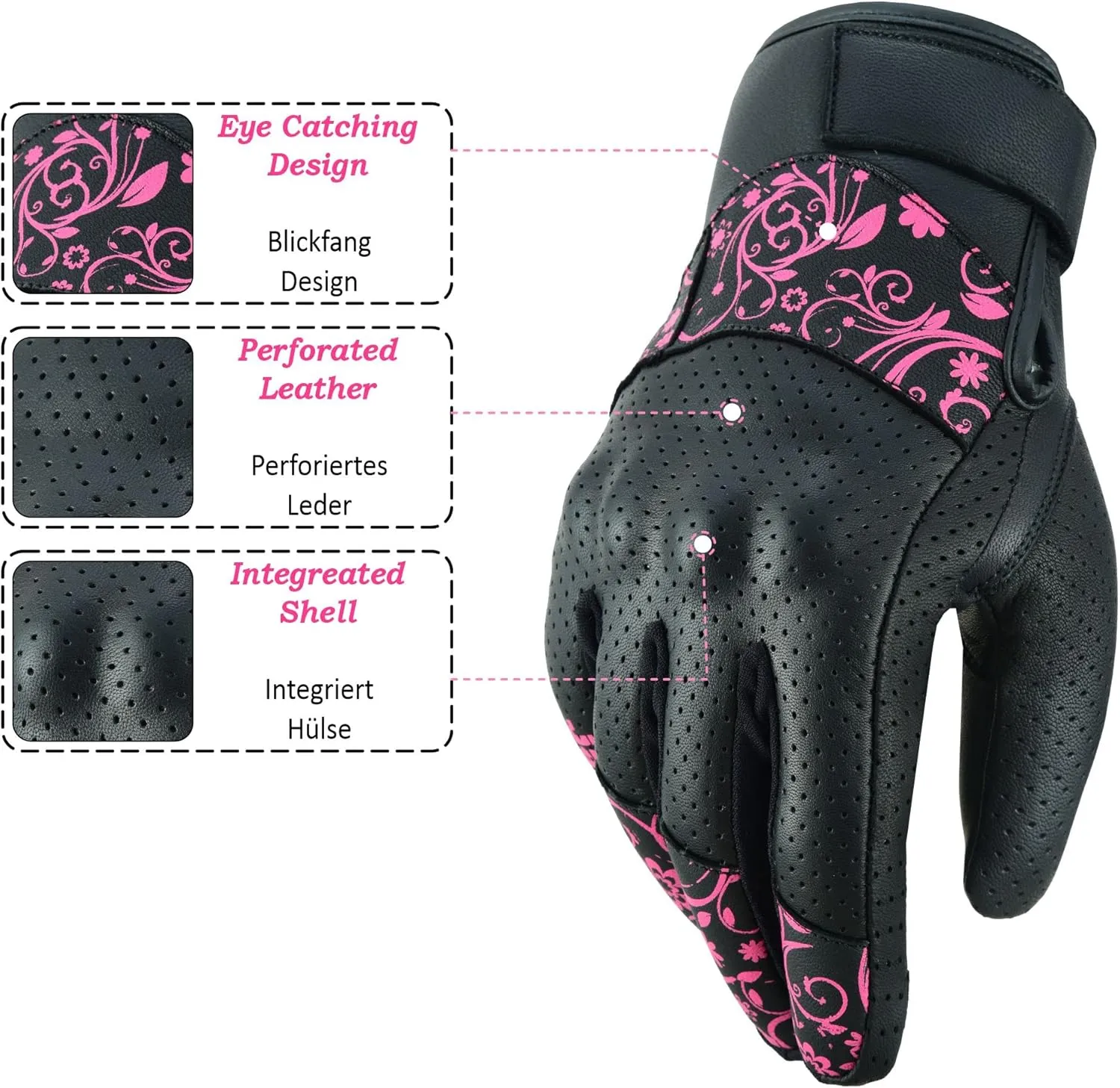 JAUNTY Motorcycle Gloves for Women Leather Riding Touchscreen Gloves for Ladies with Hard Knuckle Perforated Breathable Biker, ATV BMX, Combat Motocross, Riding Racing (Pink, Medium)