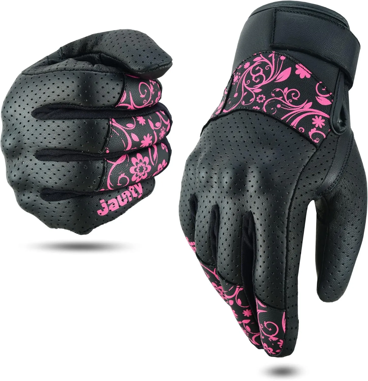 JAUNTY Motorcycle Gloves for Women Leather Riding Touchscreen Gloves for Ladies with Hard Knuckle Perforated Breathable Biker, ATV BMX, Combat Motocross, Riding Racing (Pink, Medium)