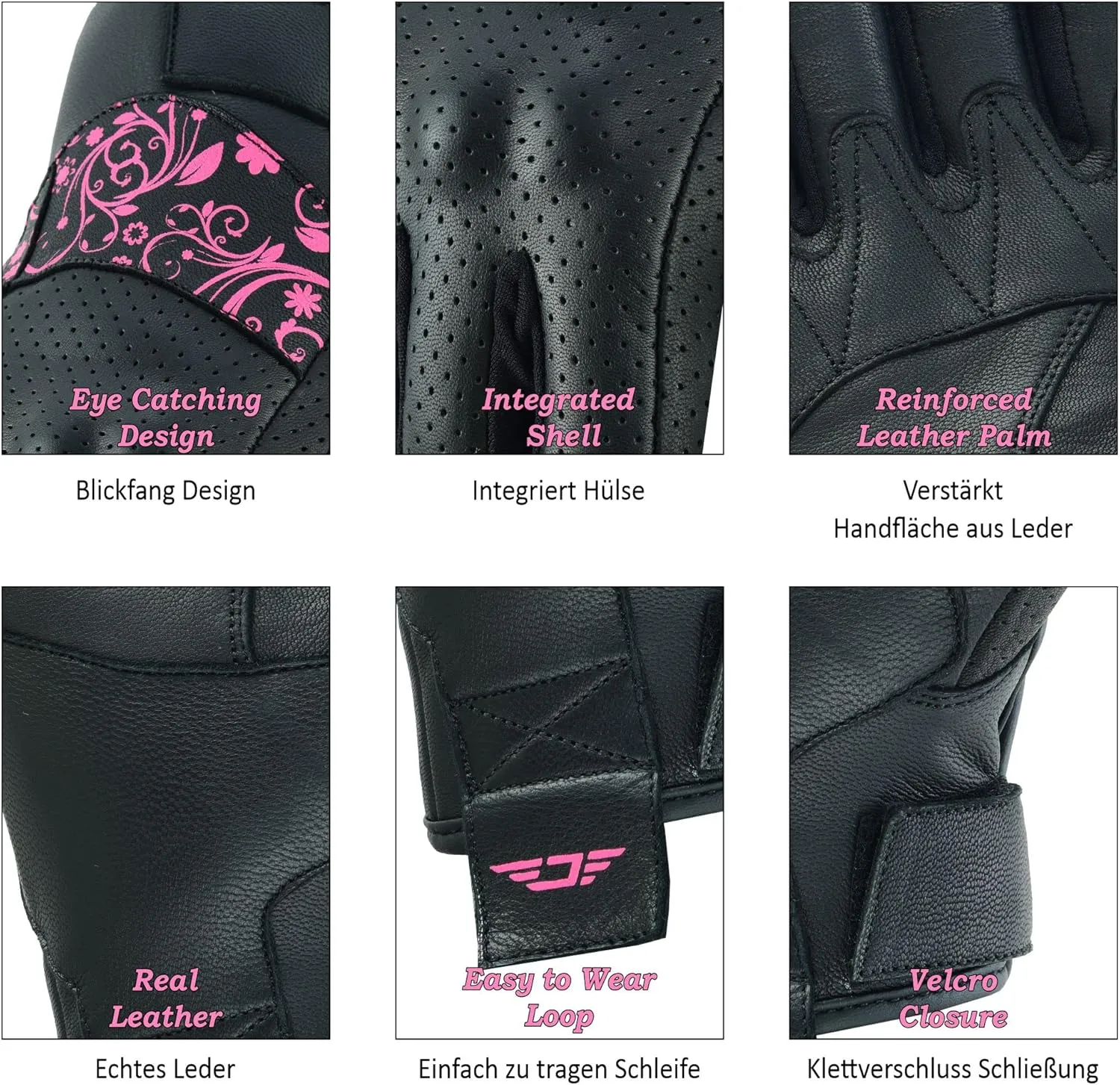 JAUNTY Motorcycle Gloves for Women Leather Riding Touchscreen Gloves for Ladies with Hard Knuckle Perforated Breathable Biker, ATV BMX, Combat Motocross, Riding Racing (Pink, Medium)