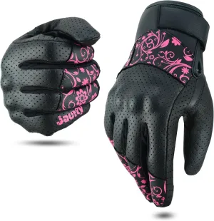 JAUNTY Motorcycle Gloves for Women Leather Riding Touchscreen Gloves for Ladies with Hard Knuckle Perforated Breathable Biker, ATV BMX, Combat Motocross, Riding Racing (Pink, Medium)