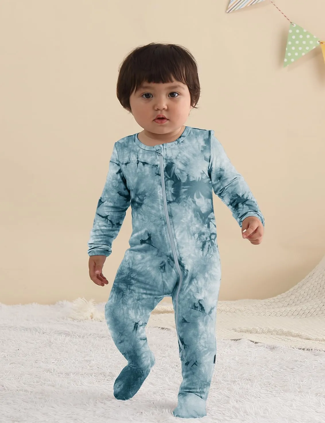 Jimonda Baby Girls Boys Footed Pajamas,Rayon From Bamboo,2 Way Zipper Long Sleeve Soft Sleeper Pjs,Infant Tie-dye Romper