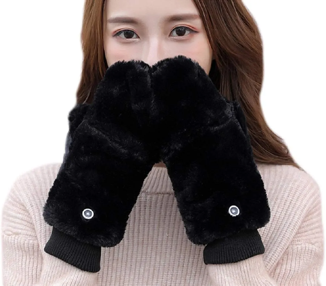JUMISEE Women Winter Faux Fur Flip Cover Mittens Warm Soft Half Finger Fingerless Gloves