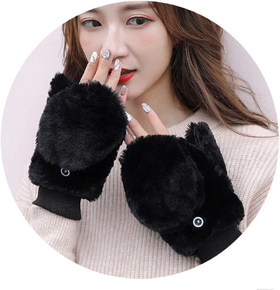 JUMISEE Women Winter Faux Fur Flip Cover Mittens Warm Soft Half Finger Fingerless Gloves