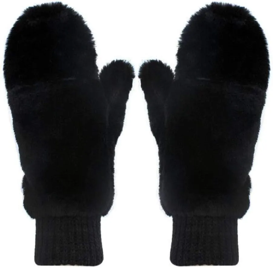 JUMISEE Women Winter Faux Fur Flip Cover Mittens Warm Soft Half Finger Fingerless Gloves