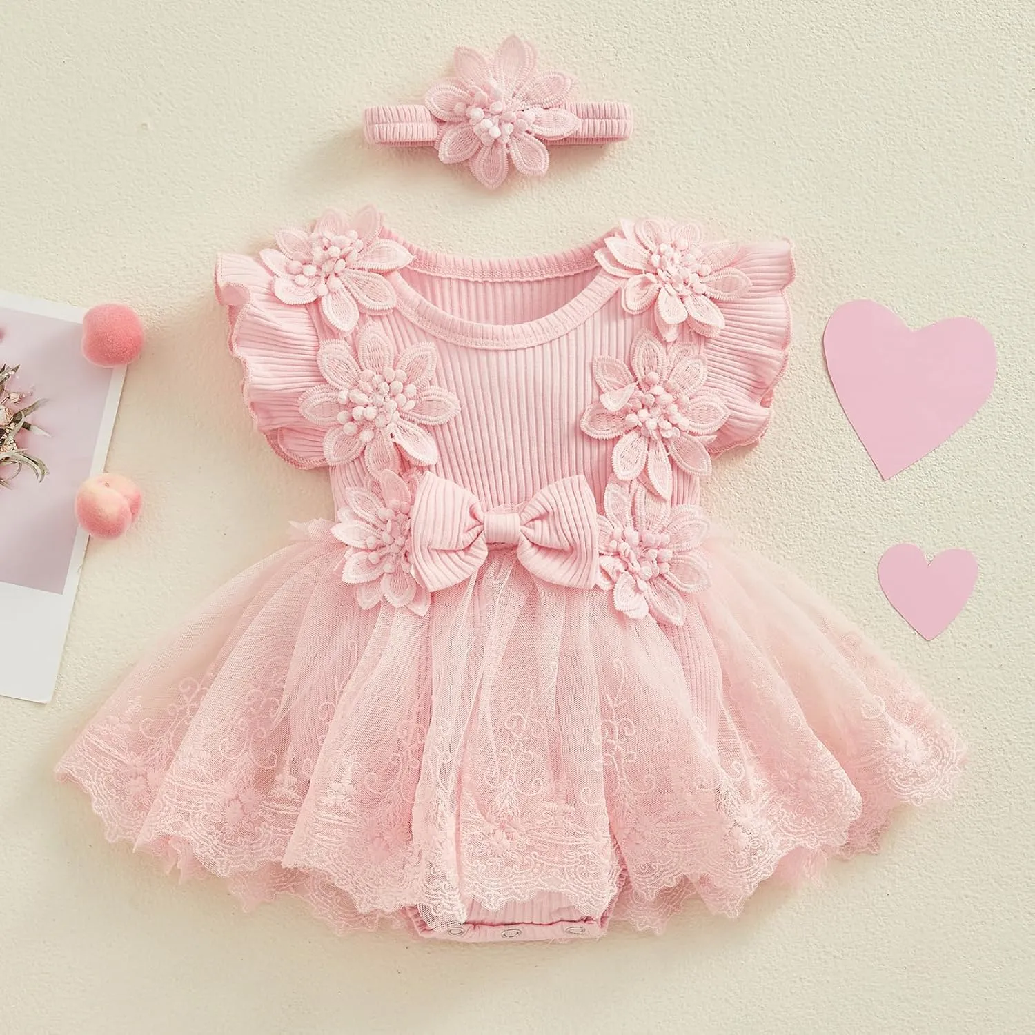 Karwuiio Newborn Baby Girl Romper Dress Short Sleeve Mesh Tutu Dress Baby Girls Lace Mesh Jumpsuits with Headband