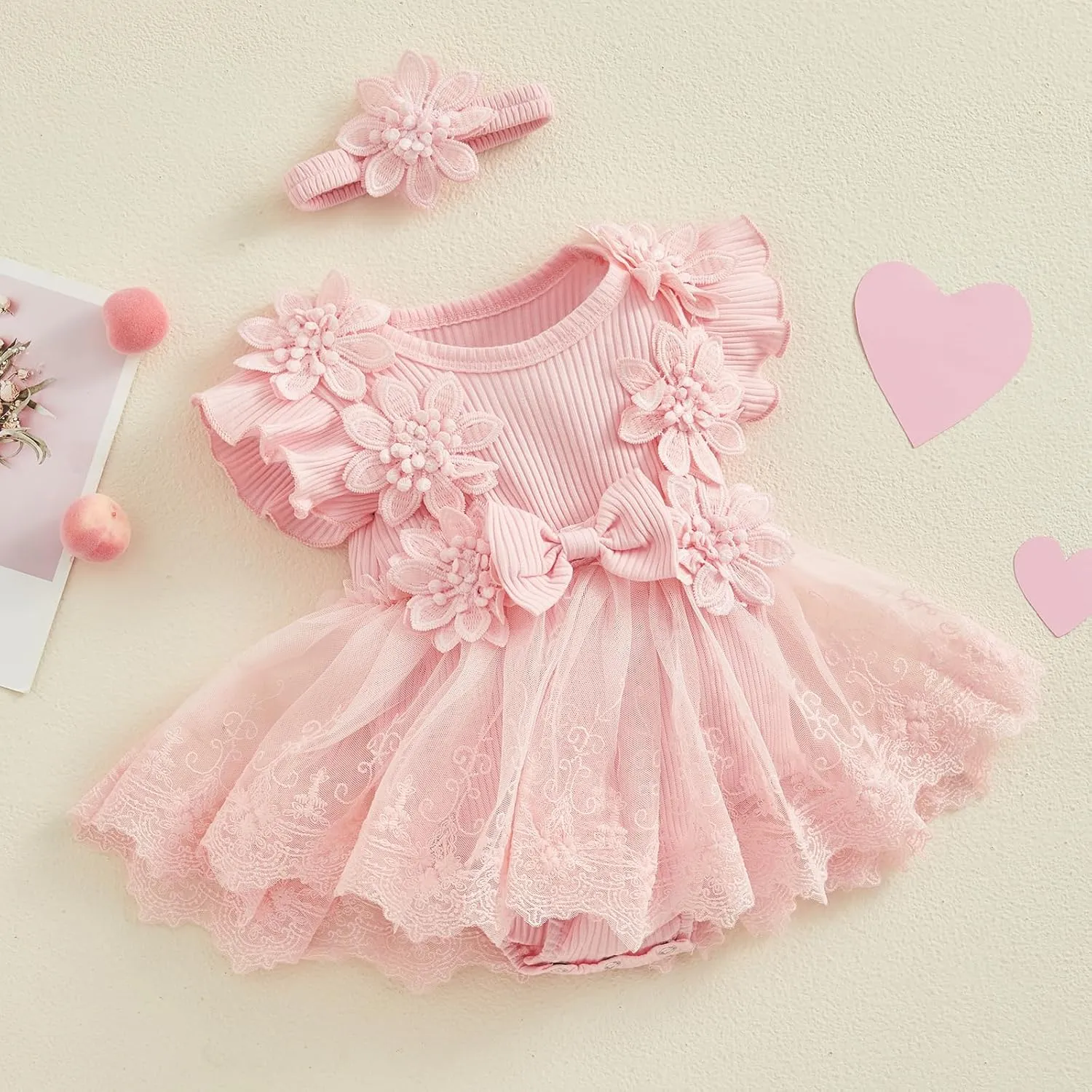 Karwuiio Newborn Baby Girl Romper Dress Short Sleeve Mesh Tutu Dress Baby Girls Lace Mesh Jumpsuits with Headband
